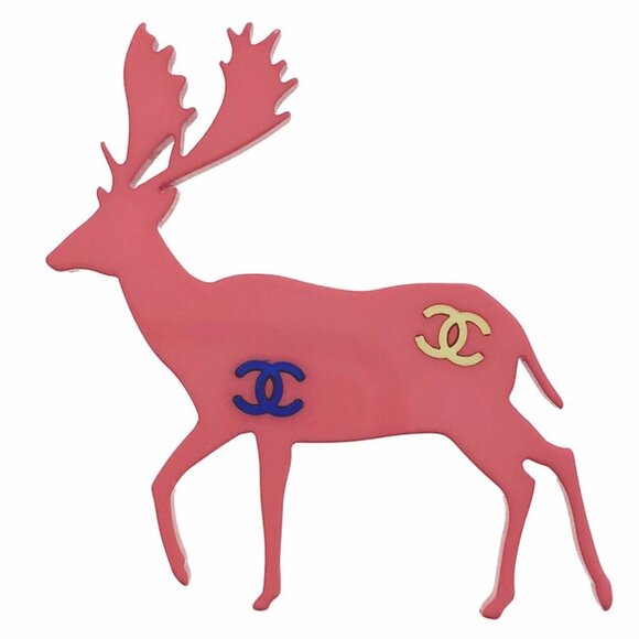 CHANEL CC Logos Pink Reindeer Brooch Silver Tone Pin 01A Auth #0327 - Picture 2 of 8